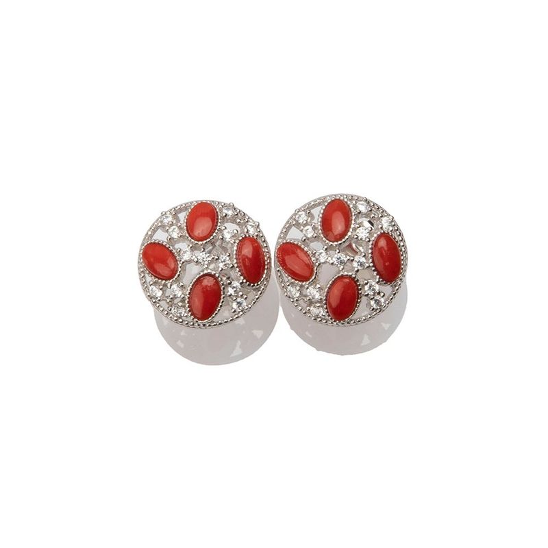 Orecchini tondi in argento 925 con corallo rosso e zirconi