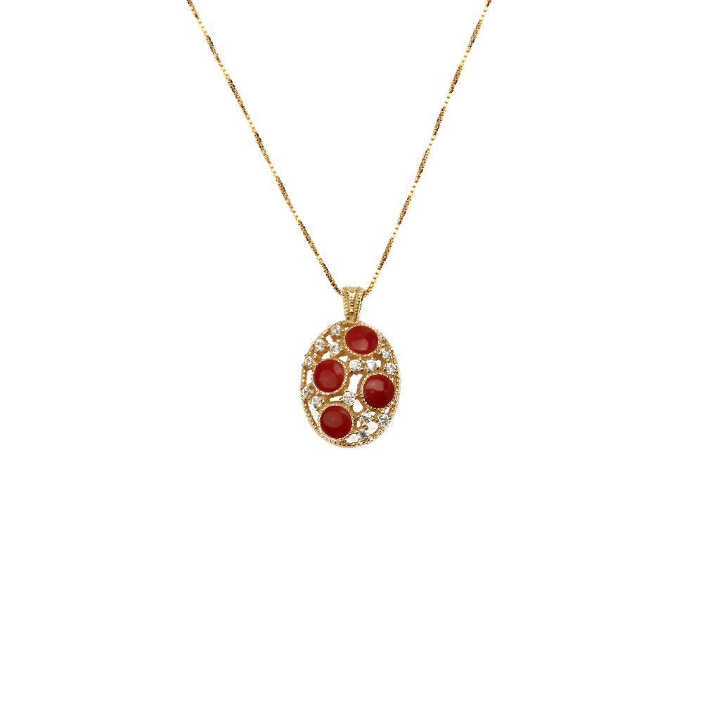 Collana con pendente ovale in corallo rosso e dettagli luminosi Collana con pendente ovale in corallo rosso e dettagli luminosi