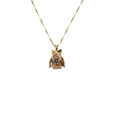 Collana placcata in oro con pendente gufo e cammeo floreale Collana placcata in oro con pendente gufo e cammeo floreale