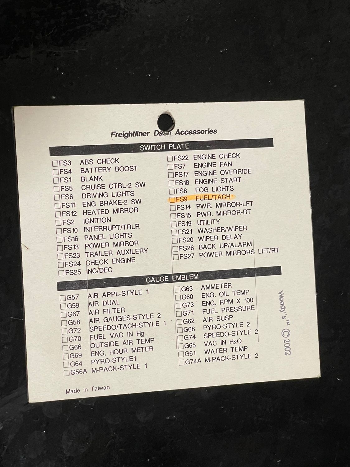 FL Fuel/Tach On/Off Switch Plate