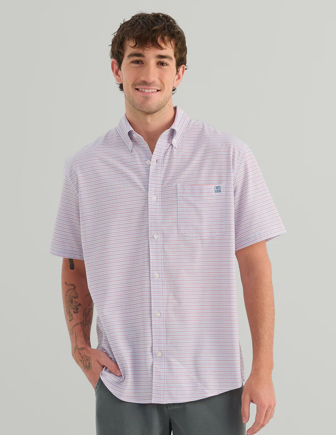 Huk Men's Kona Button-Down Mineral Red Pier Plaid, Size: Medium