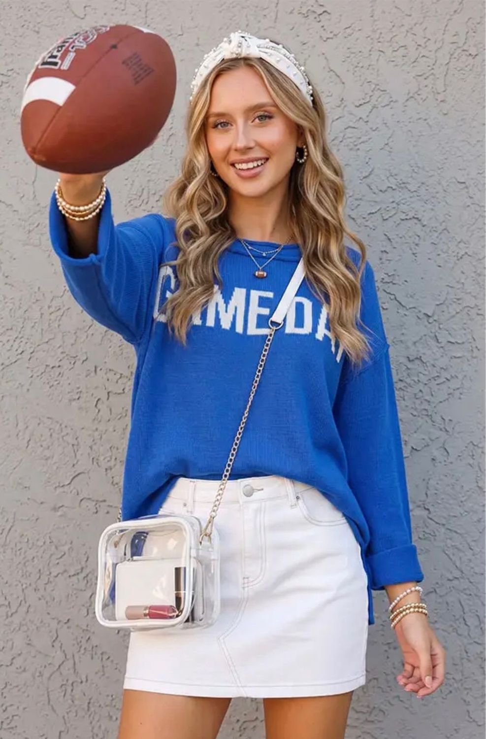 WOMEN'S GAME DAY GRAPHIC BLUE KNIT SWEATER