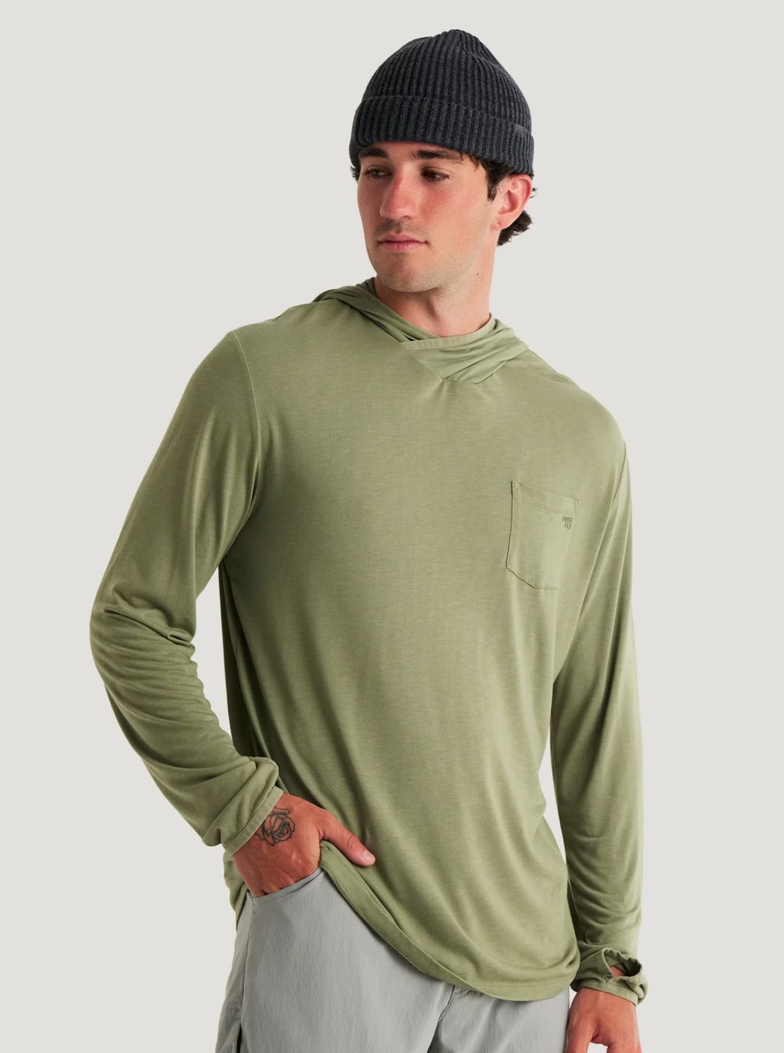 FREE FLY Men's Bamboo Lightweight Hoodie OIL GREEN, Size: MEDIUM