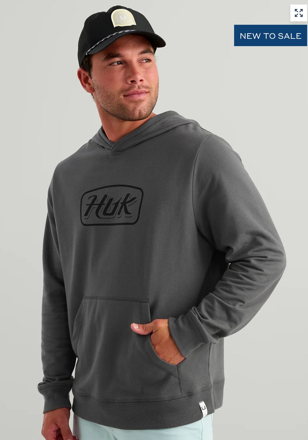 HUK MEN EDISTO SCRIPT TERRY HOODIE GREY, Size: MEDIUM