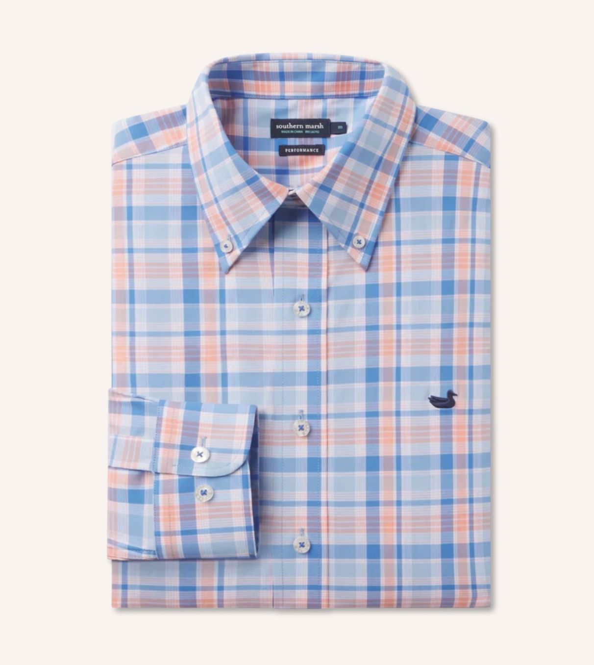 SOUTHERN MARSH MEN  Franklin Plaid Performance Dress Shirt ORANGE BLUE, Size: MEDIUM