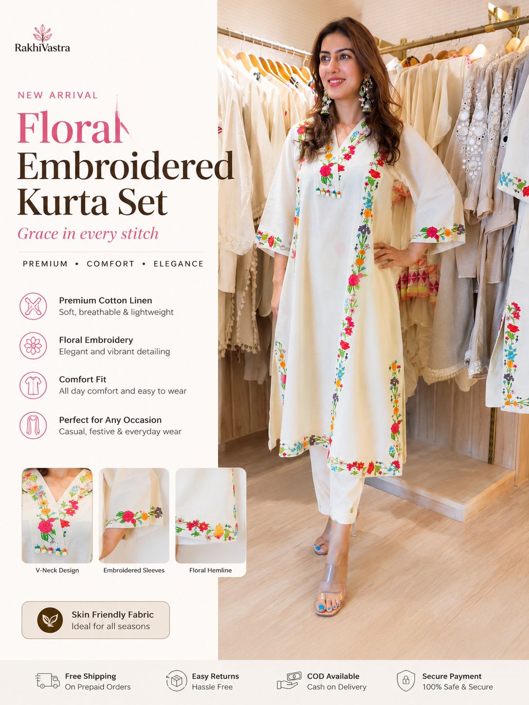White Floral Printed Cotton Rayon Kurta Set for Women | Soft Everyday Ethnic Wear