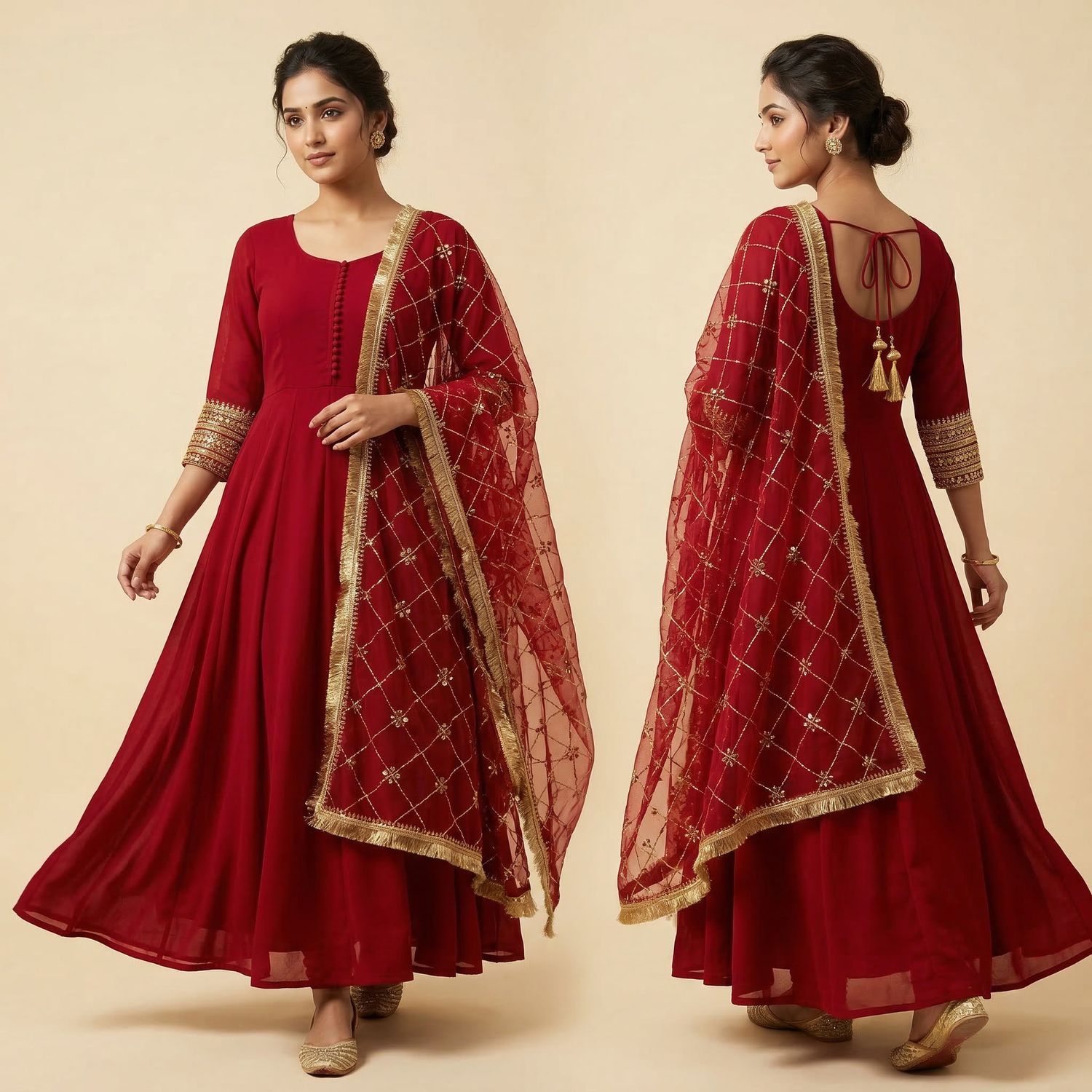 Royal Crimson Anarkali Set with Net Dupatta