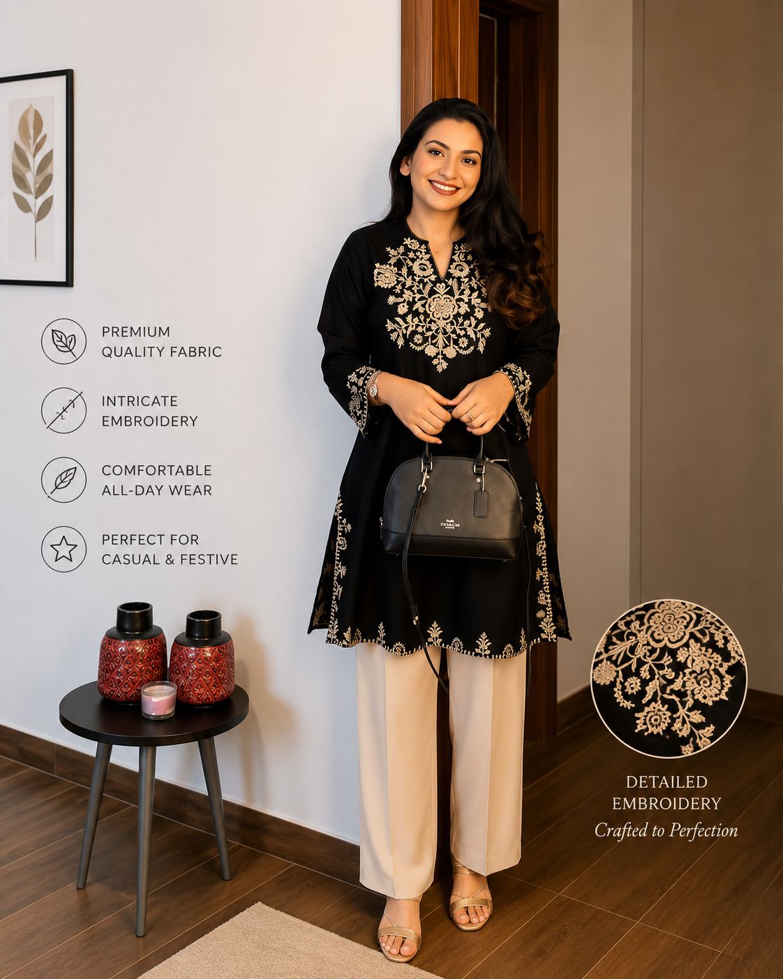 Black Embroidered Cotton Kurta for Women | Elegant Ethnic Wear for Casual &amp; Festive Occasions