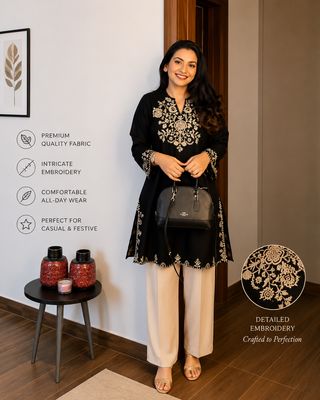 Black Embroidered Cotton Kurta for Women | Elegant Ethnic Wear for Casual &amp; Festive Occasions