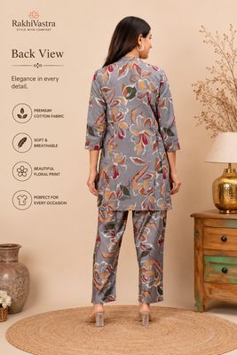 Grey Floral Cotton Rayon Co-Ord Set for Women