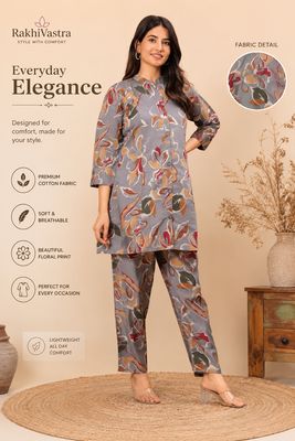 Grey Floral Cotton Rayon Co-Ord Set for Women