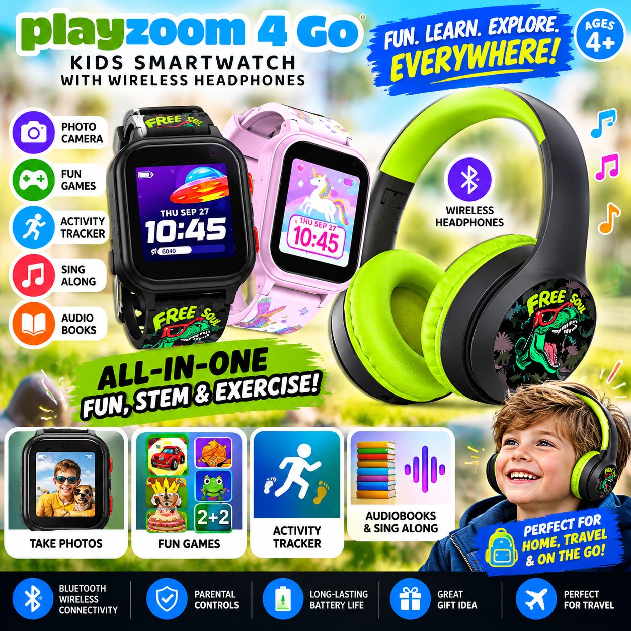 Bluetooth Headphone and smart watch Bundle Gift Set - Dinosaur