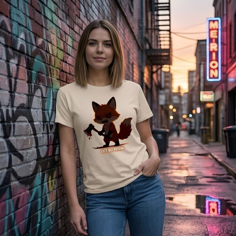 Cute But Psycho Fuchs T-Shirt – Killer-Design mit Axt. 100% Baumwolle, Unisex S-2XL. Perfekt für Dark Humor Fans. Jetzt bestellen!