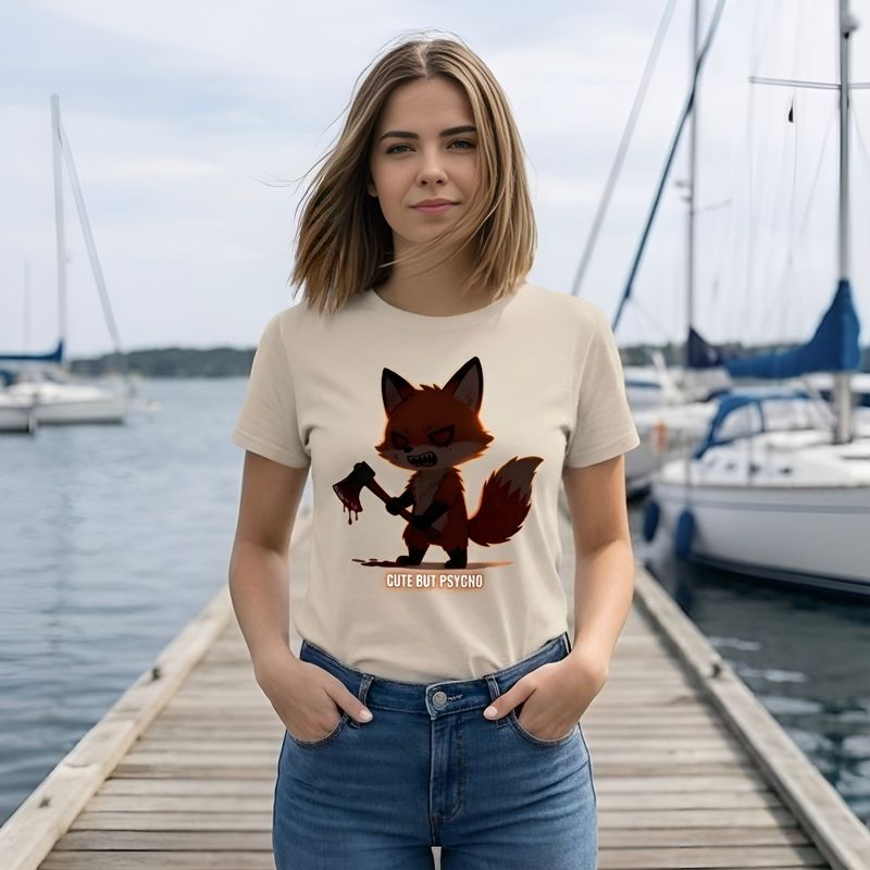 Cute But Psycho Fuchs T-Shirt – Killer-Design mit Axt. 100% Baumwolle, Unisex S-2XL. Perfekt für Dark Humor Fans. Jetzt bestellen!