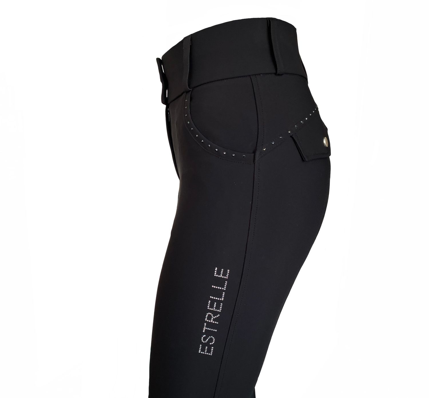 Pantalon d&#39;equitation Signature noir by ESTRELLE, tissu extensible et technique, strass sur poches avant et dos.