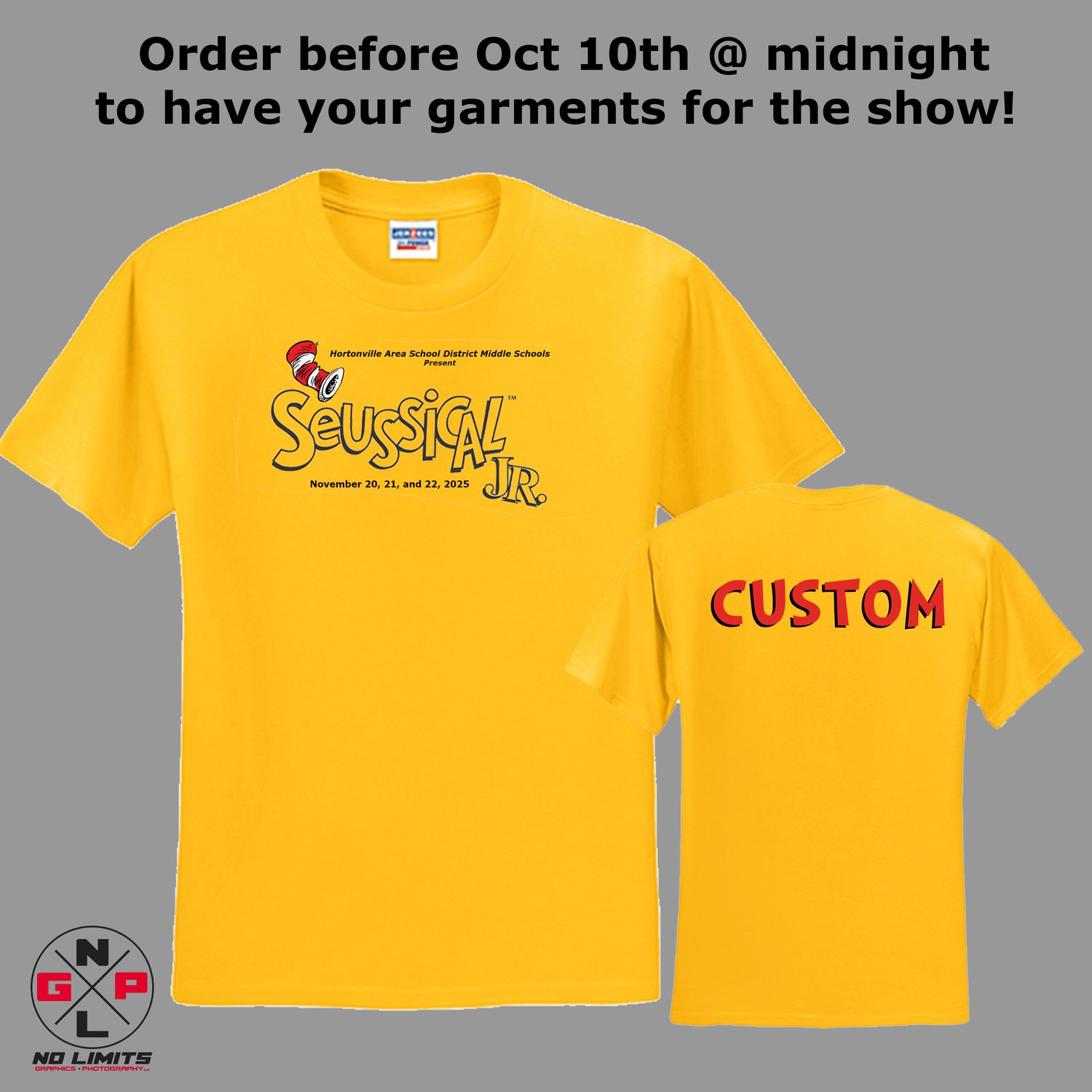 ORDER BY SUNDAY, NOVEMEBER 2ND - Golden Yellow TEE Includes Musical Themed Front Graphic