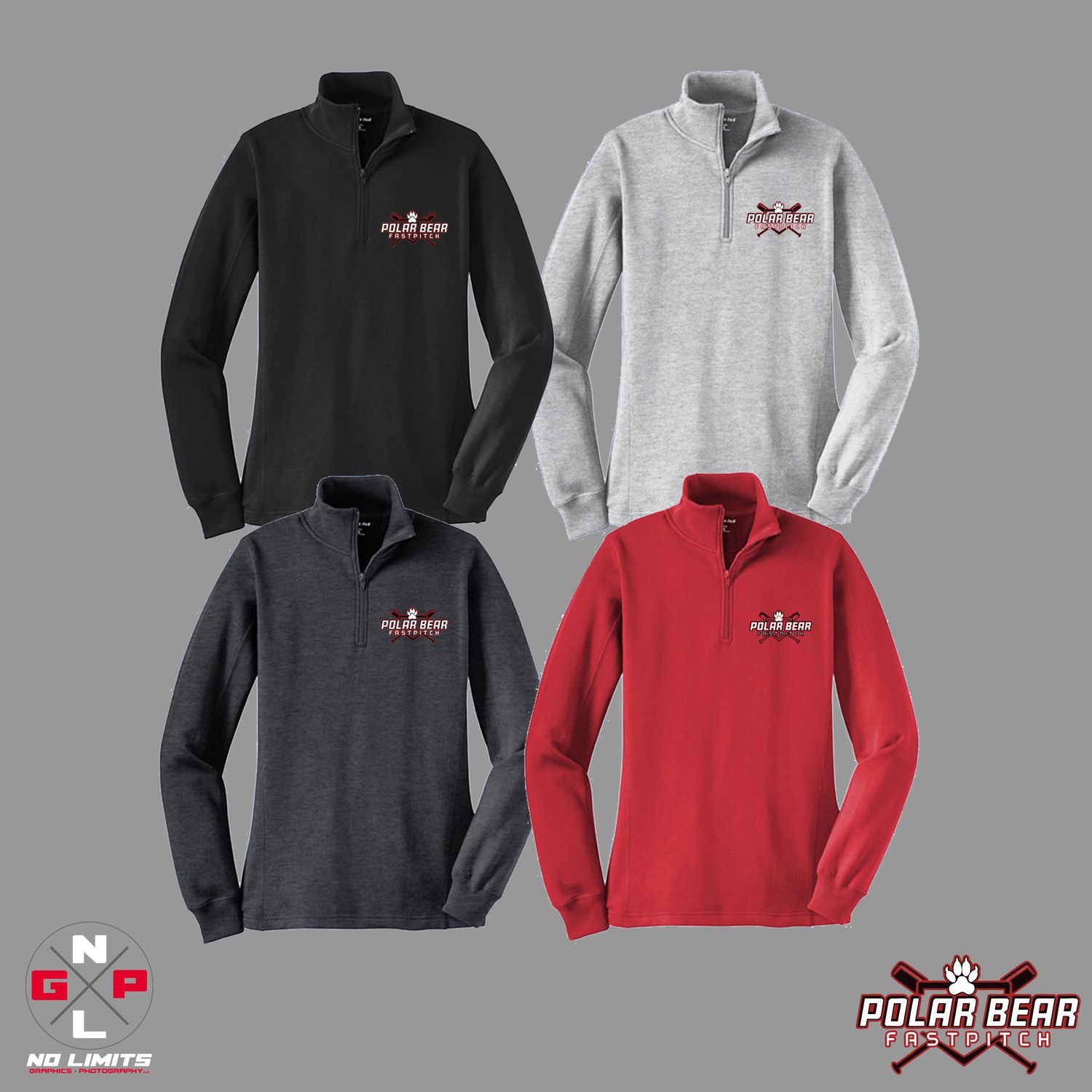 POLAR BEAR FAST PITCH SPORT-TEK WOMENS 1/4 ZIP EMBROIDERED SWEATSHIRT