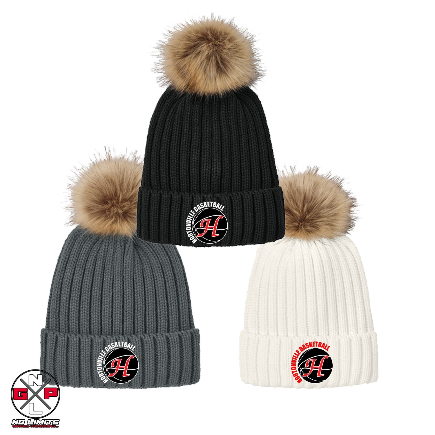 HORTONVILLE BASKETBALL EMBROIDERED FAUX FUR POM BEANIE