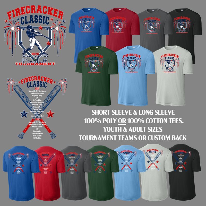 TOURNEY PICK UP DEADLINE IS NOON WED! Adult &amp; Youth Poly Athletic OR Softstyle Cotton SHORT &amp; LONG SLEEVE Tees. FRONT GRAPHIC INCLUDED.