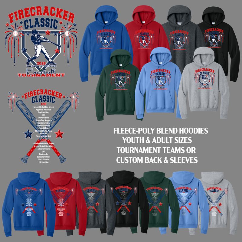 TOURNEY PICK UP DEADLINE IS NOON WED! Adult &amp; Youth Port &amp; Co Fleece Poly Hoodie. FRONT GRAPHIC INCLUDED.
