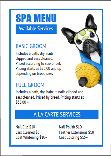 dog grooming price list by breed