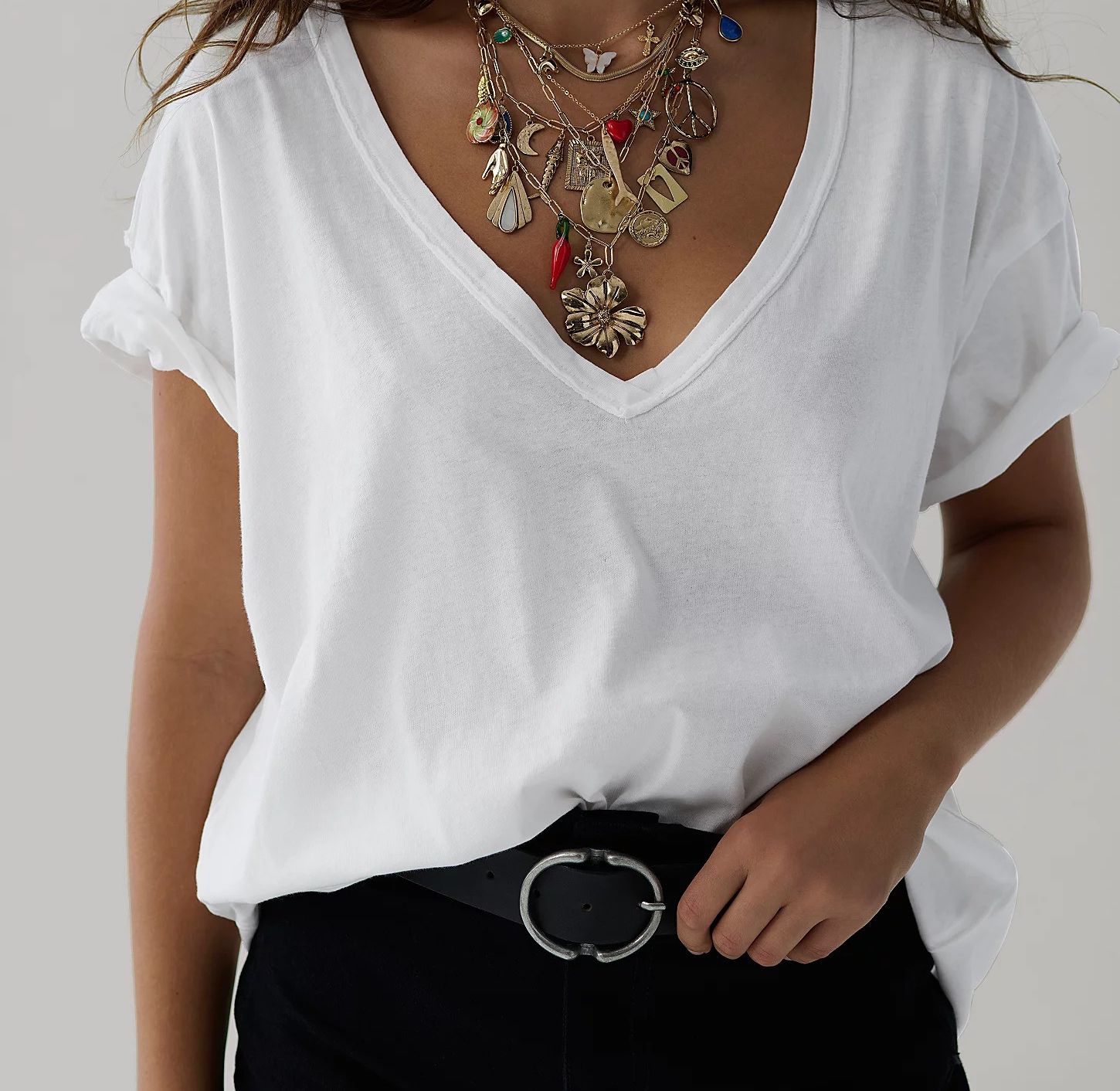 NINA V-NECK TEE OB1984242, Color: IVORY, Size: XS
