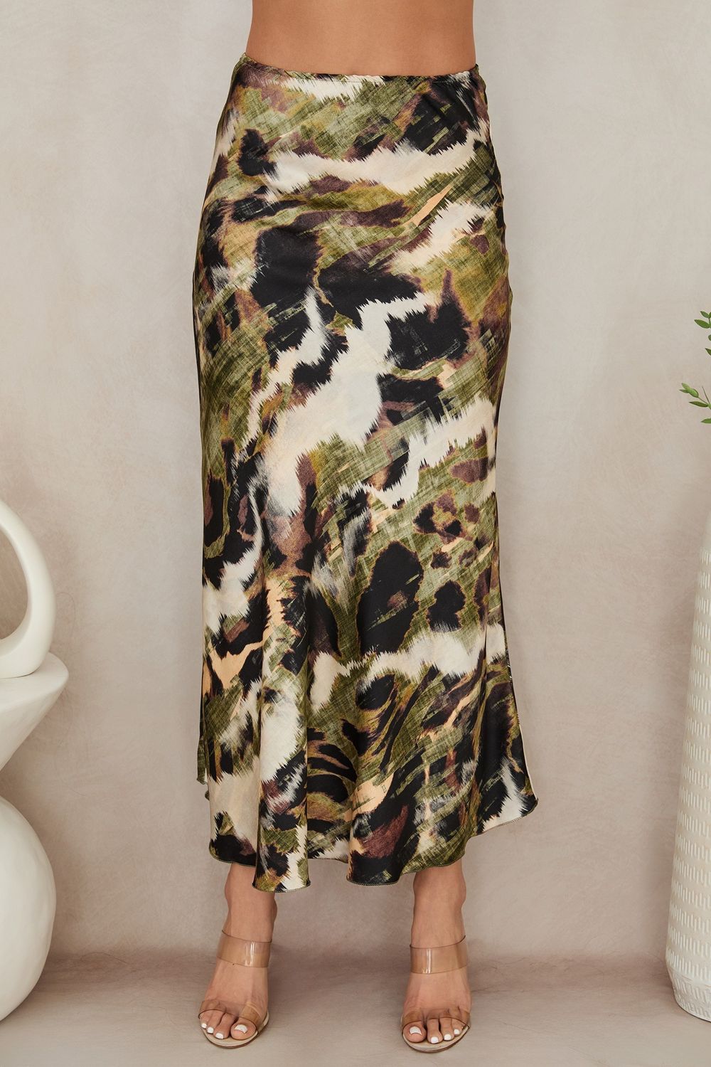 PRINTED MAXI SKIRT 77052, Color: GRN/BRWN, Size: XS