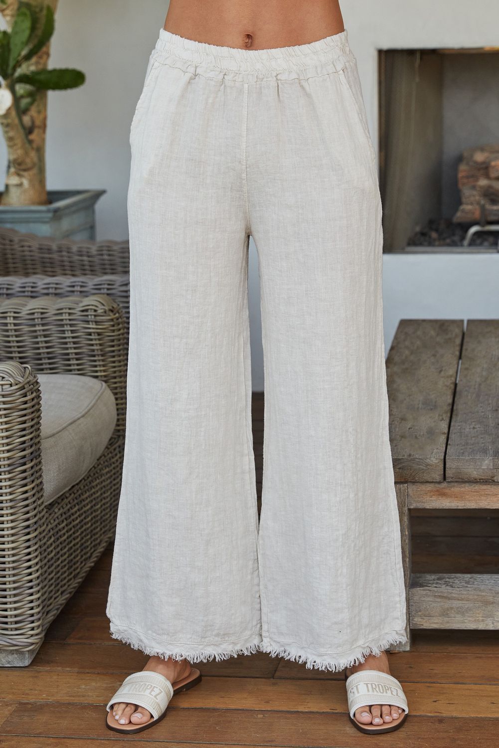 LINEN FRINGE HEM PANT 12282/154012/154102, Color: BEIGE, Size: XS
