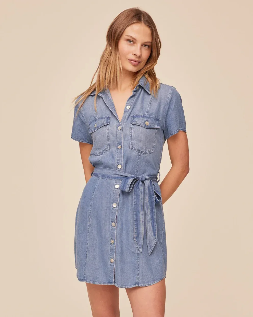 SHORT SLEEVE SEAMED SHIRT DRESS BDSH B6685-549-624, Color: INHW, Size: XS