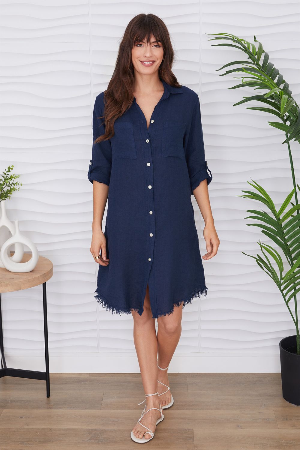 LINEN LS ROLL TAB DRESS 27160/154208