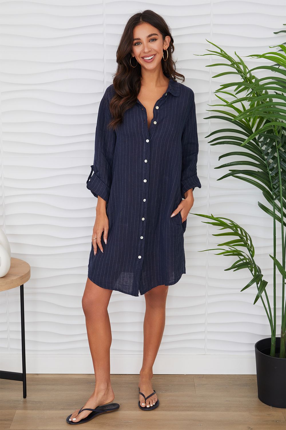 LINEN PINSTRIPE SHIRT DRESS 707010