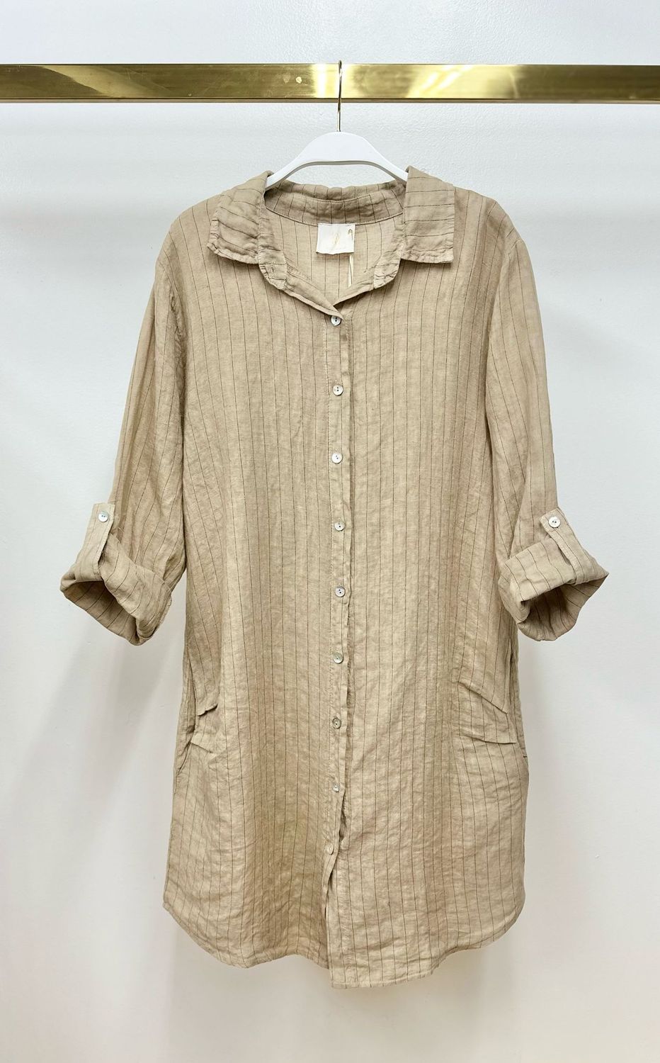 LINEN PINSTRIPE SHIRT DRESS 707010, Color: EARTH BGE, Size: XS