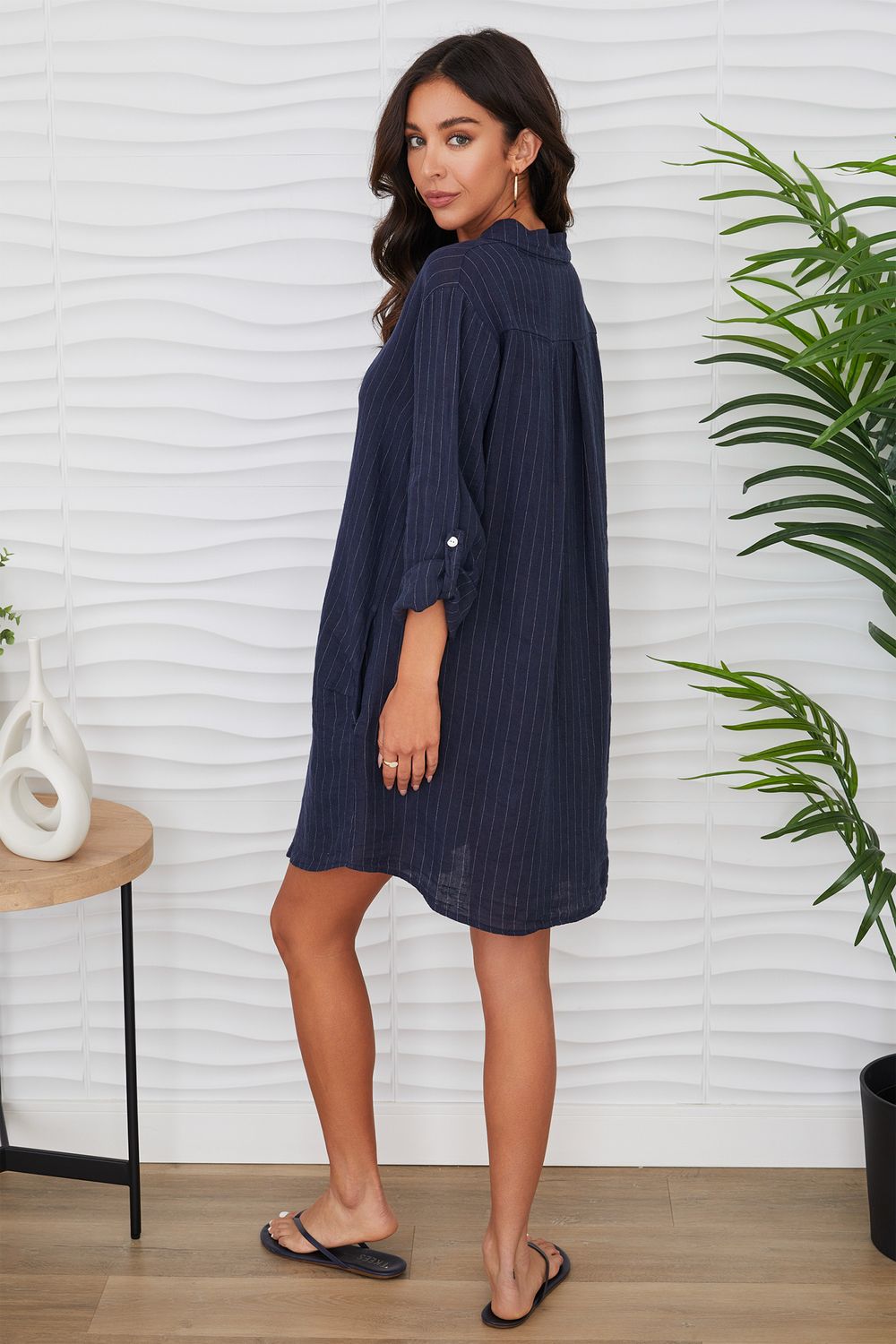 LINEN PINSTRIPE SHIRT DRESS 707010