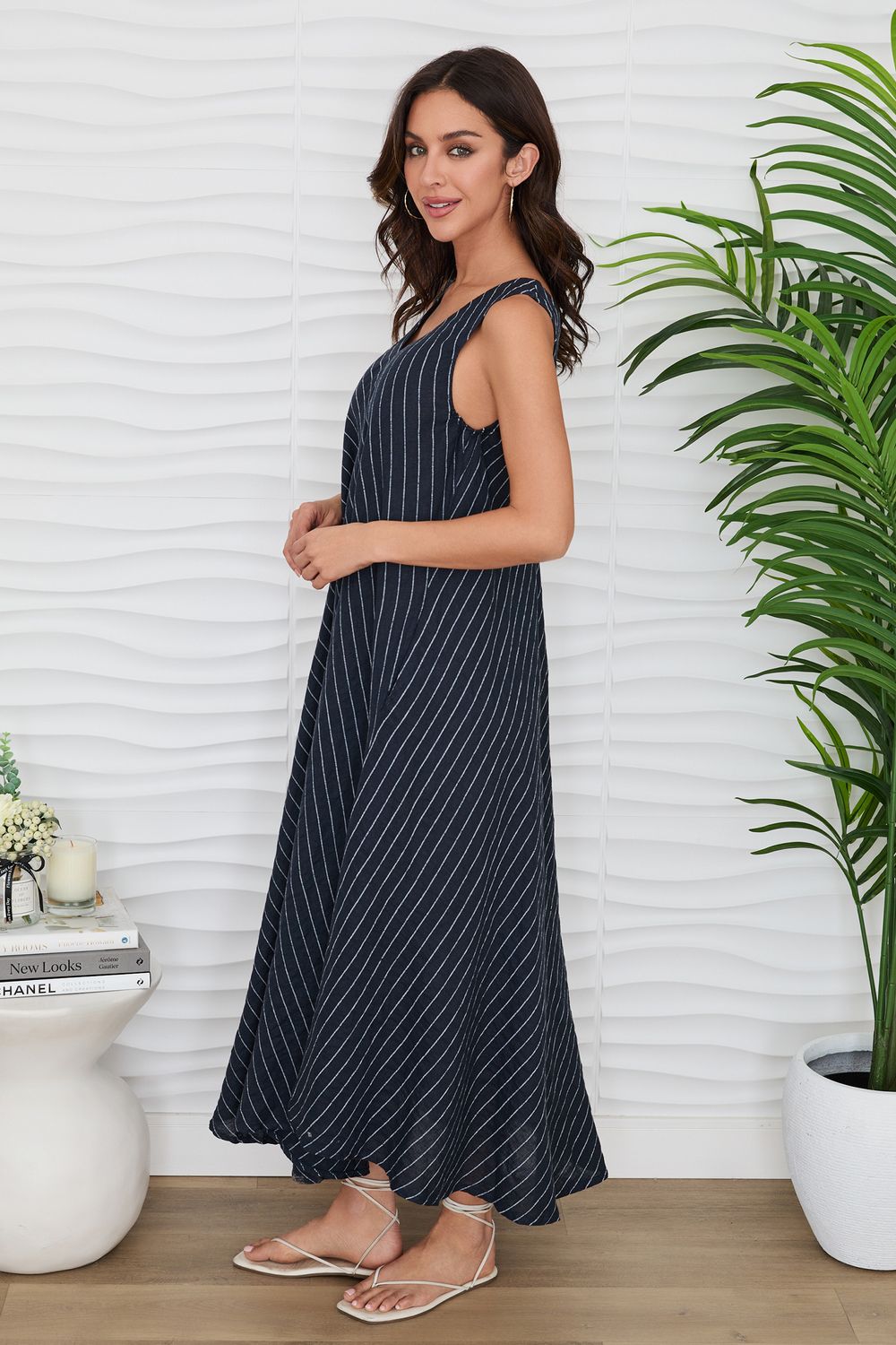 TEXTURED STRIPE LINEN V-NECK DRESS 155094R