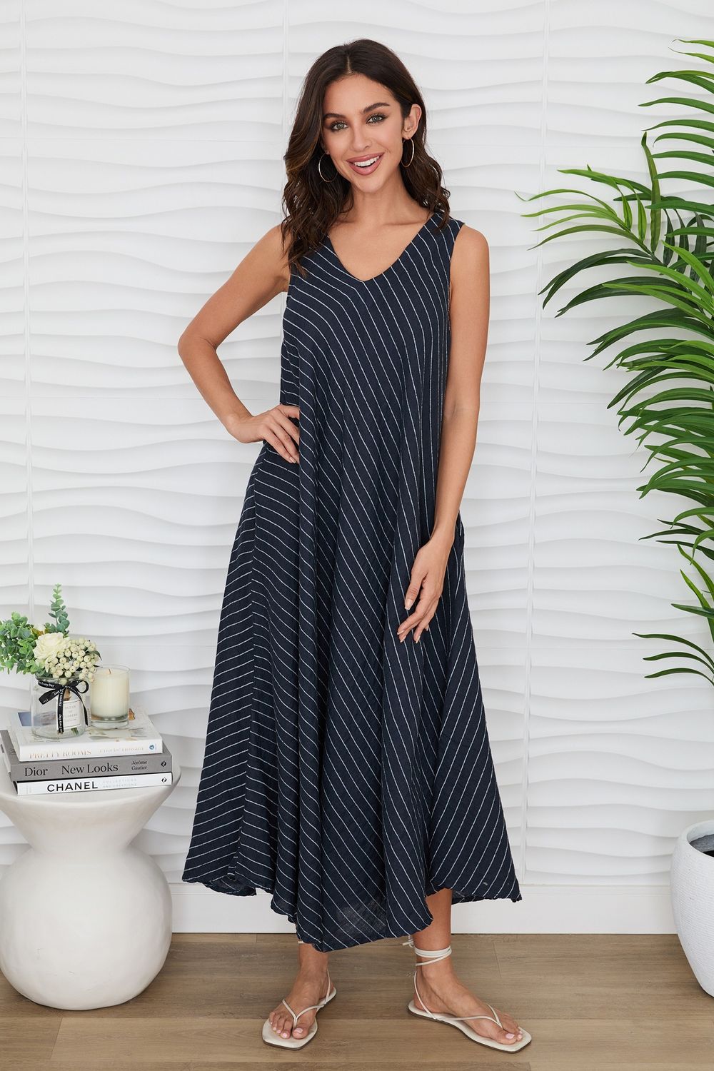 TEXTURED STRIPE LINEN V-NECK DRESS 155094R
