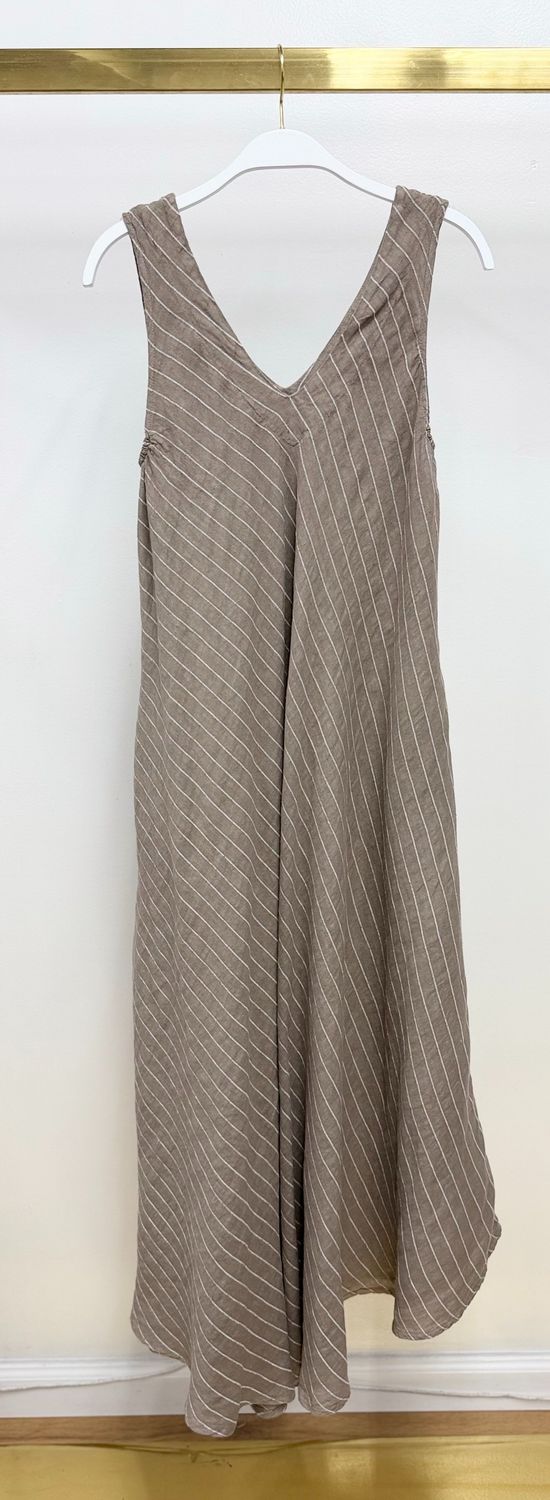 TEXTURED STRIPE LINEN V-NECK DRESS 155094R