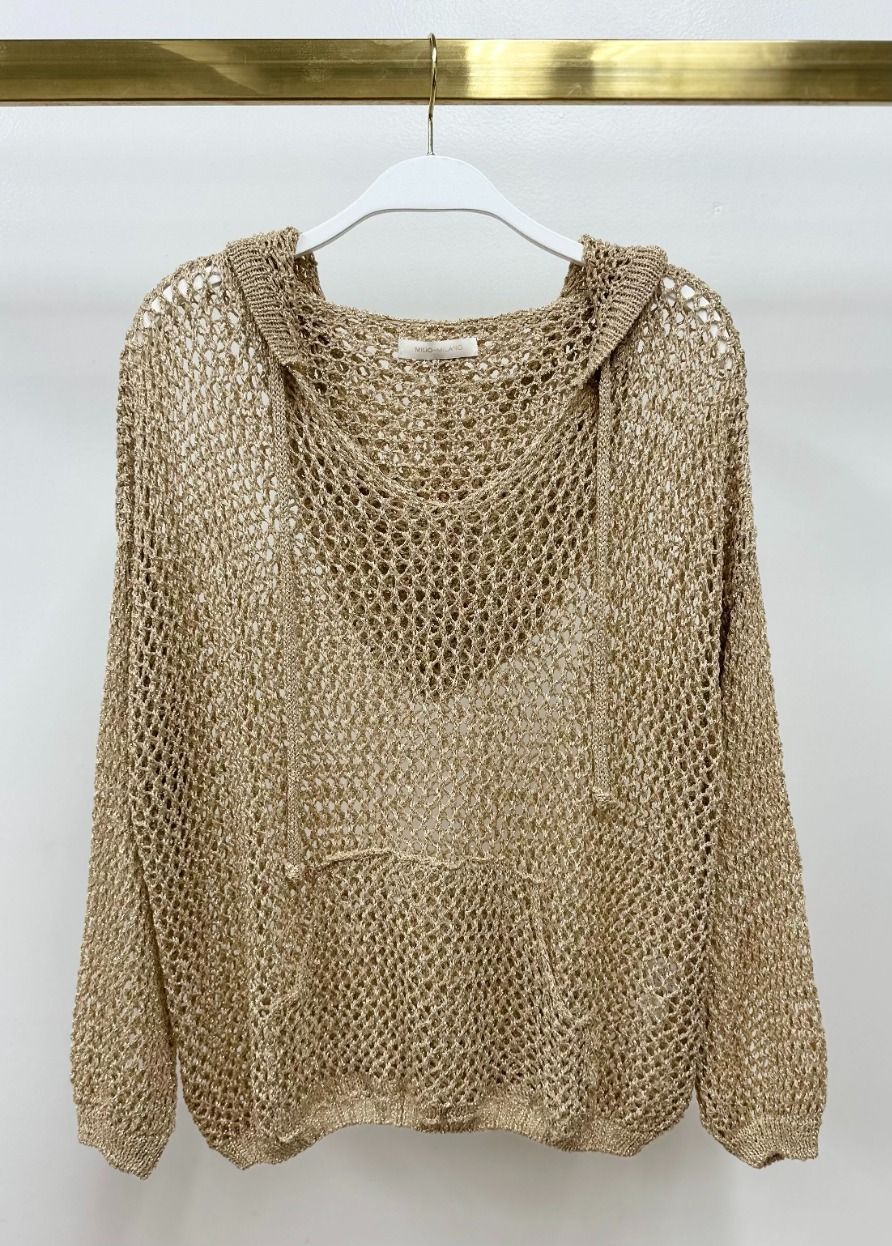 METALLIC CROCHET KNIT L/S PULLOVER 800951, Color: GOLD, Size: O/S