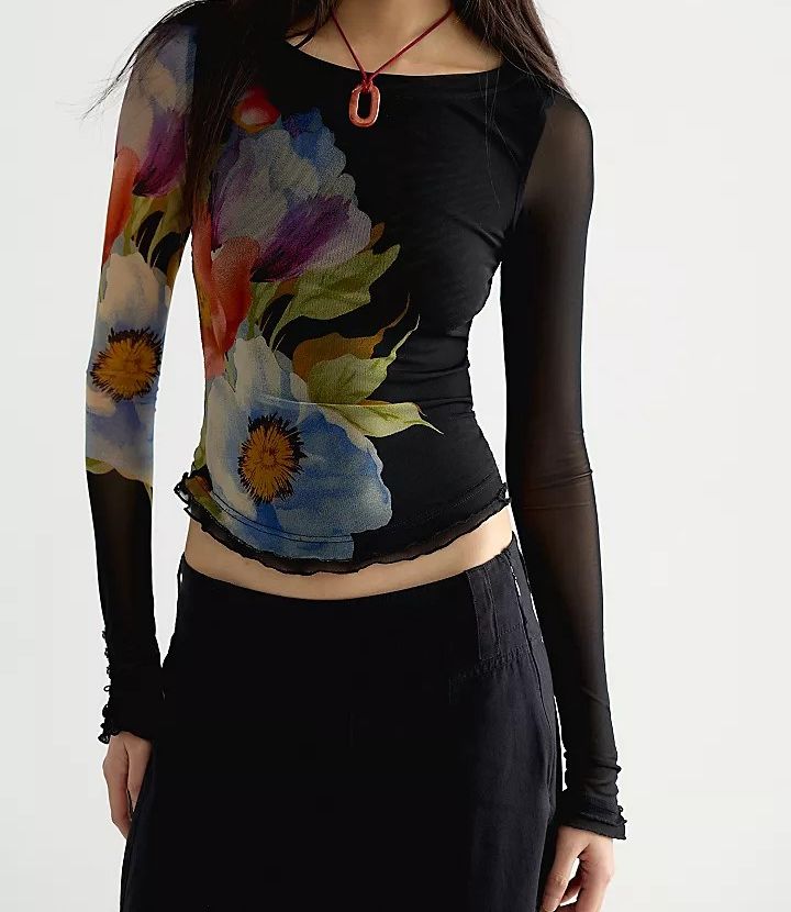 LILY PRINTED L/S TOP OB2430031, Color: BLK CMBO, Size: XS