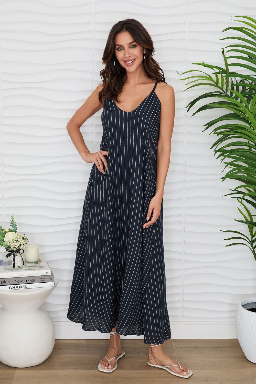 TEXTURED SPAGHETTI MAXI DRESS 155082R, Color: NVY/WHT, Size: XS