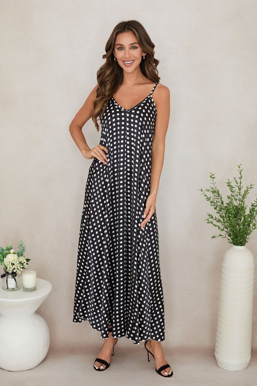 POLKADOT SILKY SLIP DRESS 235192/20993, Color: BLK, Size: XS
