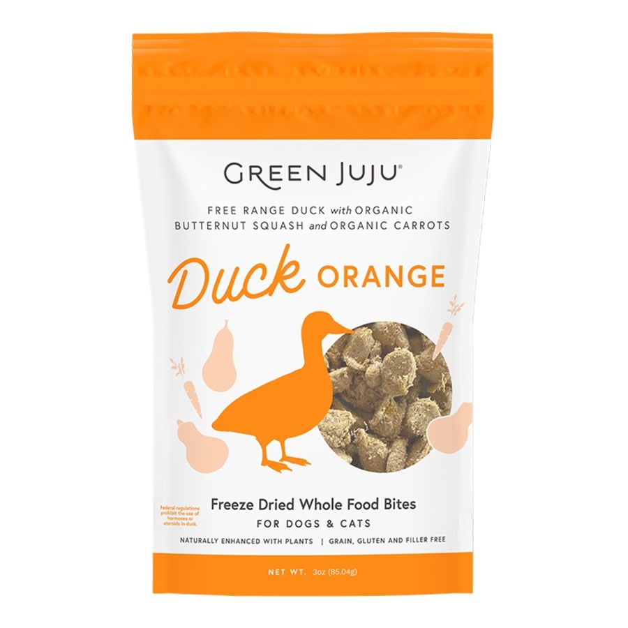 GREEN JUJU DOG &amp; CAT FREEZE-DRIED GRAIN FREE WHOLE FOOD BITE DUCK ORANGE TOPPERS 3OZ