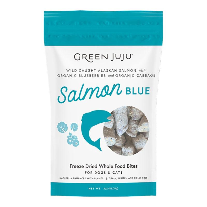 GREEN JUJU DOG &amp; CAT FREEZE-DRIED GRAIN FREE WHOLE FOOD BITE SALMON BLUE TOPPERS 3OZ