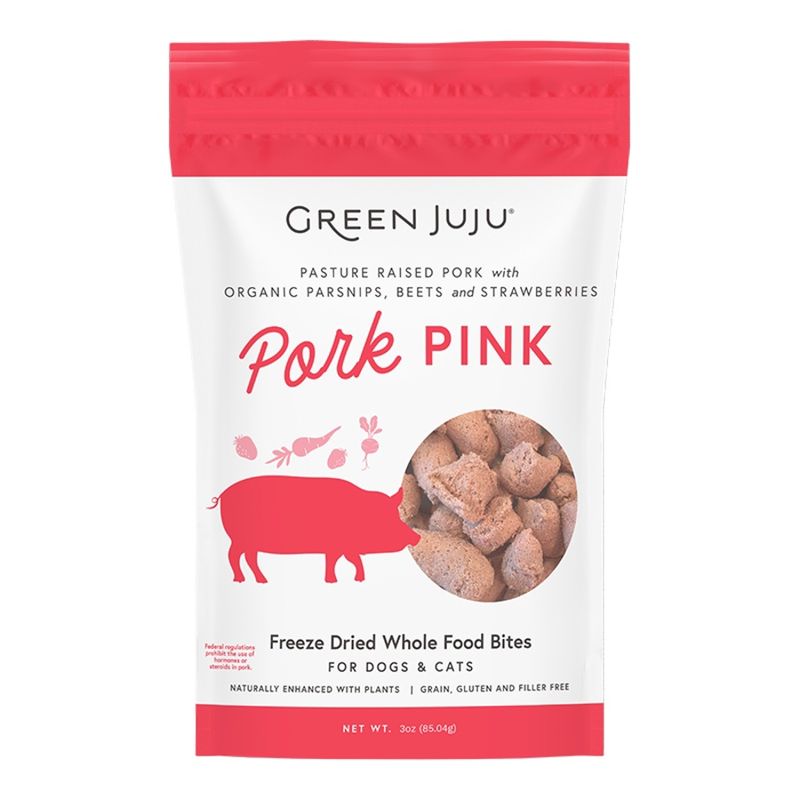 GREEN JUJU DOG &amp; CAT FREEZE-DRIED GRAIN FREE WHOLE FOOD BITE PORK PINK TOPPERS 3OZ