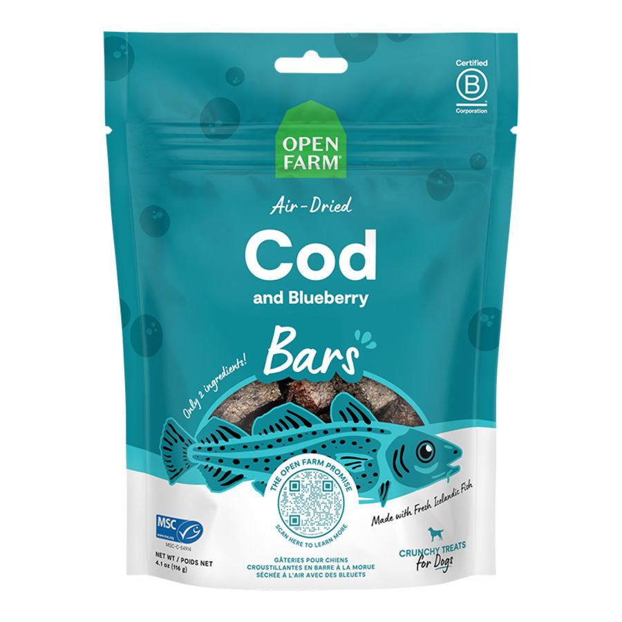 OPENFARM DOG AIR DRIED COD AND BLUEBERRY CRUNCHY TREAT BARS, 4.1OZ