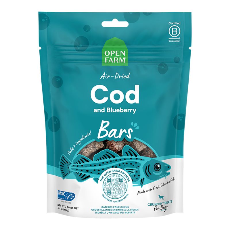 OPENFARM Dog Air Dried Cod And Blueberry Crunchy Treat Bars, 4.1oz
