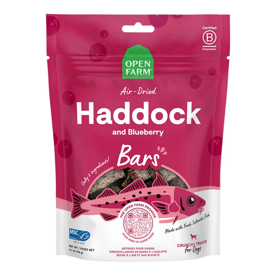 OPENFARM DOG AIR DRIED HADDOCK AND BLUEBERRY CRUNCHY TREAT BARS, 4.1OZ
