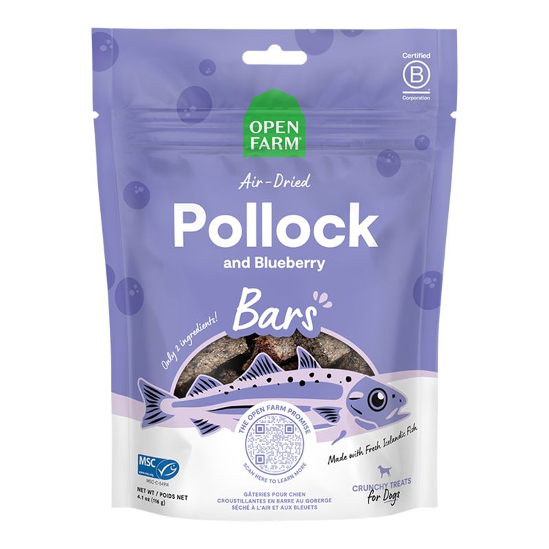 OPENFARM Dog Air Dried Pollock And Blueberry Crunchy Treat Bars, 4.1oz