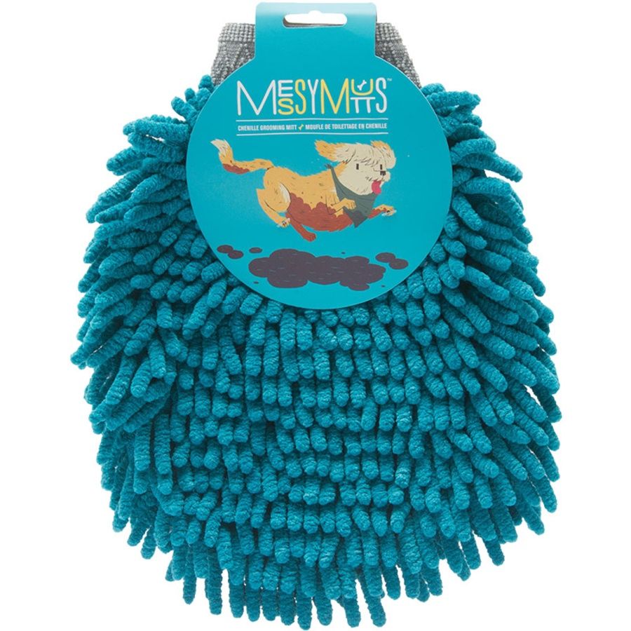 Messy Mutts Microfiber Grooming Mitt | Chenille Microfiber Dog Shammy Mitt | Machine Washable Paw Cleaner | Blue