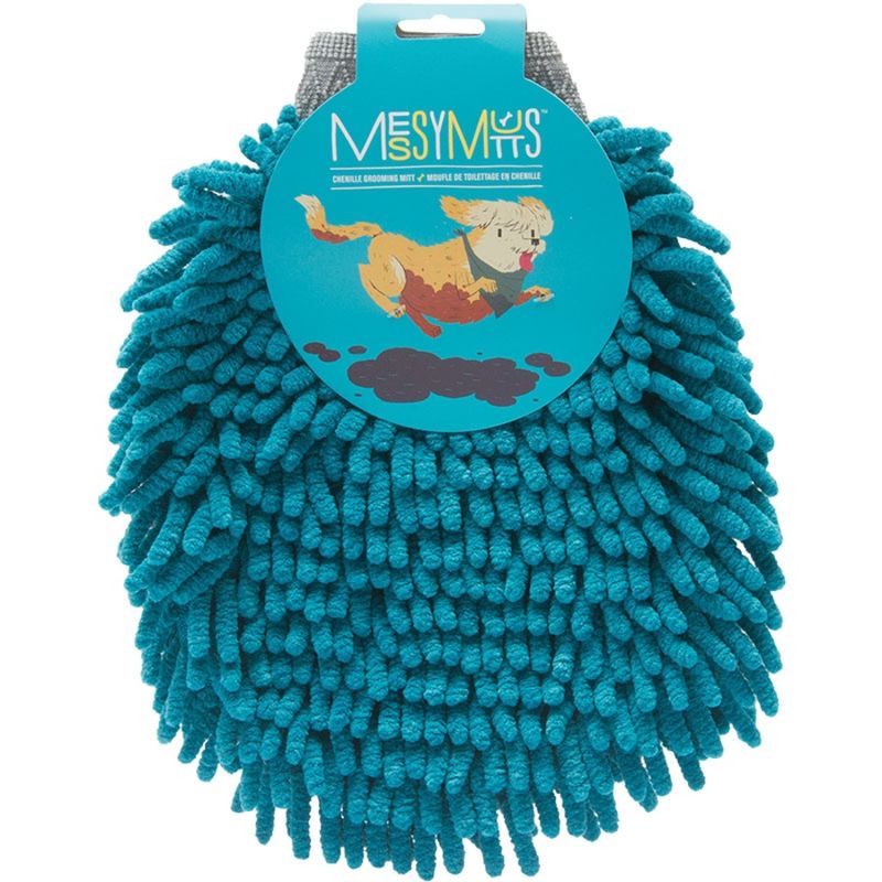 Messy Mutts Microfiber Grooming Mitt | Chenille Microfiber Dog Shammy Mitt | Machine Washable Paw Cleaner | Blue