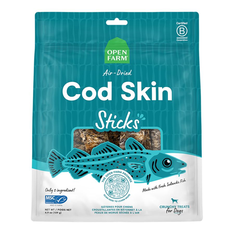 OPENFARM Dog Air Dried Cod Skins Crunchy Treat Sticks, 4.9oz